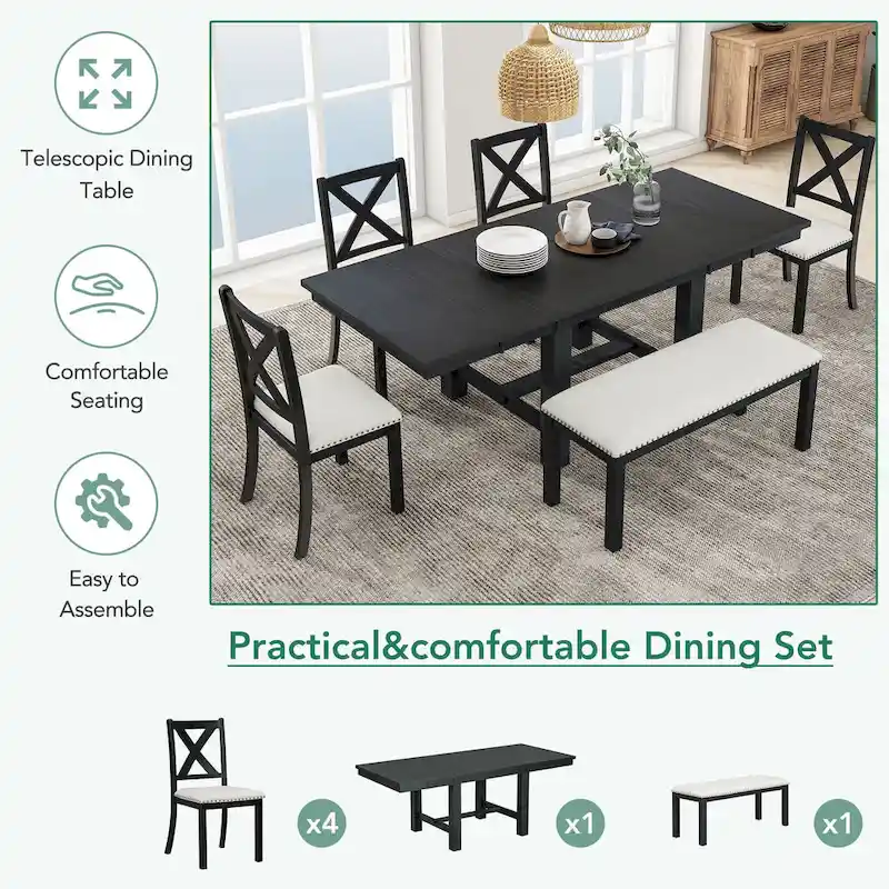 6-Piece Wooden Dining Table Set with Extendable Table & 4 Chairs & Bench