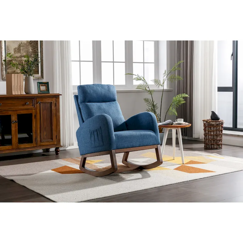 Blue 27 Upholstered Rocking Chair with Wood Legs and Convenient Side Pocket