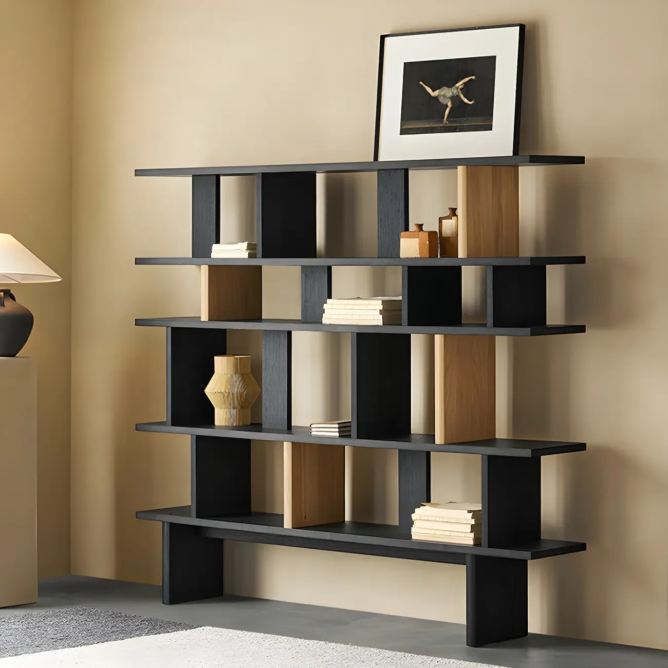 Modern Wooden Black Ladder Bookcase for Living Room