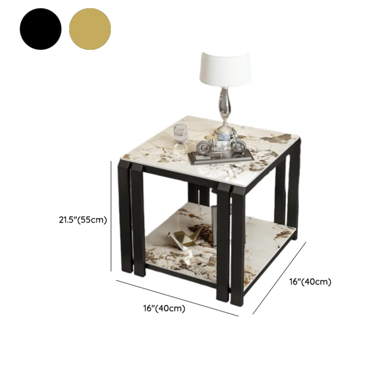 Gold-Black 2-Tier Stone Top Square Metal Frame Side Table