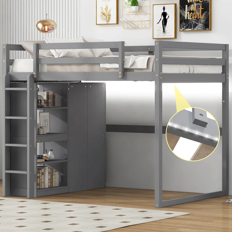 Gray Full Size Wood Loft Bed with Built-in Wardrobe and Storage Shelves, Led light