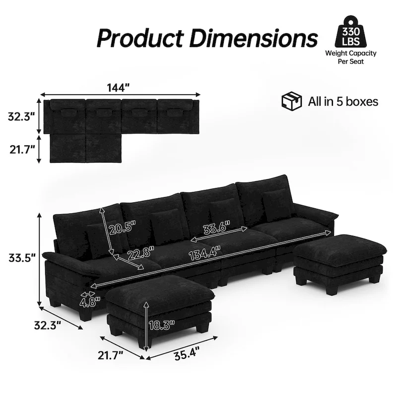 144 Modular Compression Sofa Set Convertible Sectional Sleeper Couch with 2 Ottomans