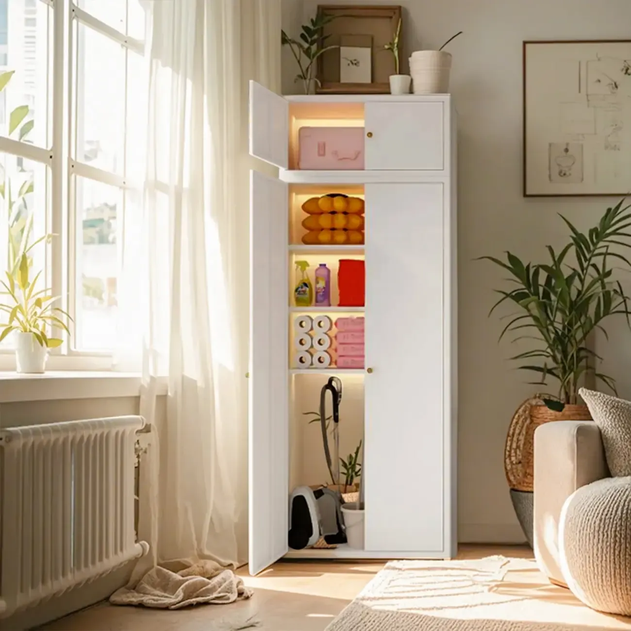 White Rectangle Accent Cabinet for Home Storage, Modern Style