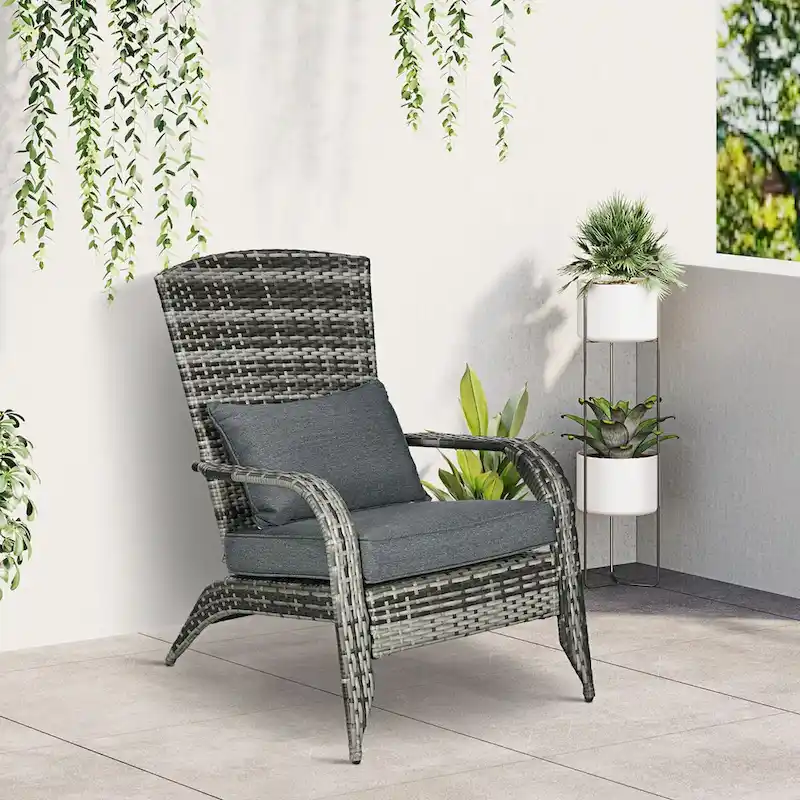Patio Wicker Adirondack Chair, All-Weather Rattan Fire Pit Chair Soft Cushions, Tall Curved Backrest and Armrests