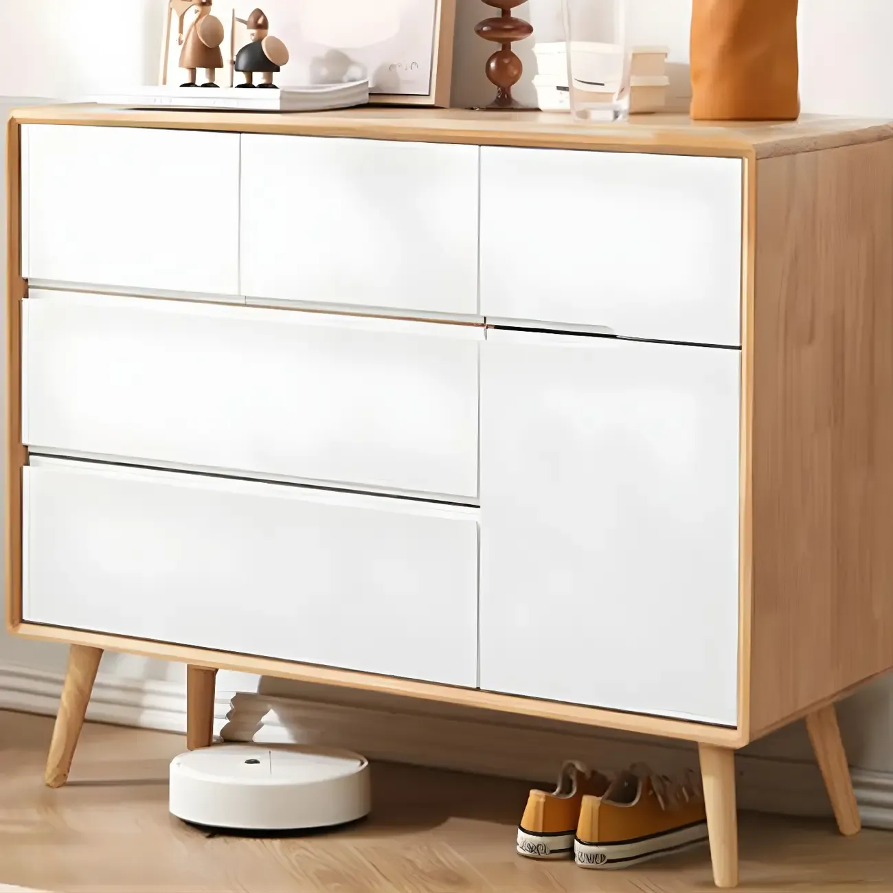 Compact Natural Wood Combo Dresser with Cabinet and Drawers