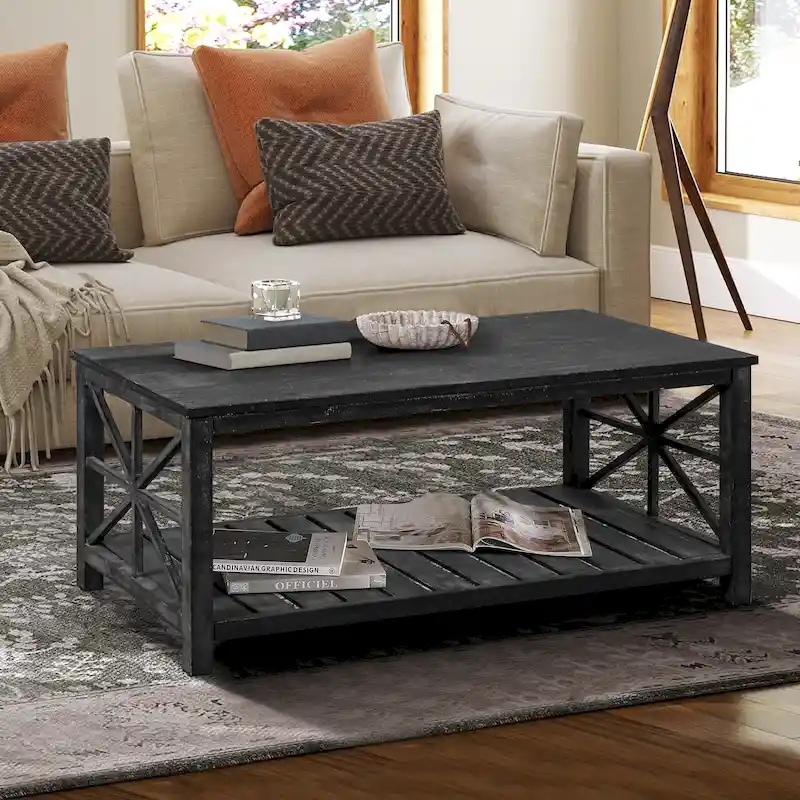 Open Shelf Coffee Table – Antique Black / Brown, Handcrafted Wood, Single