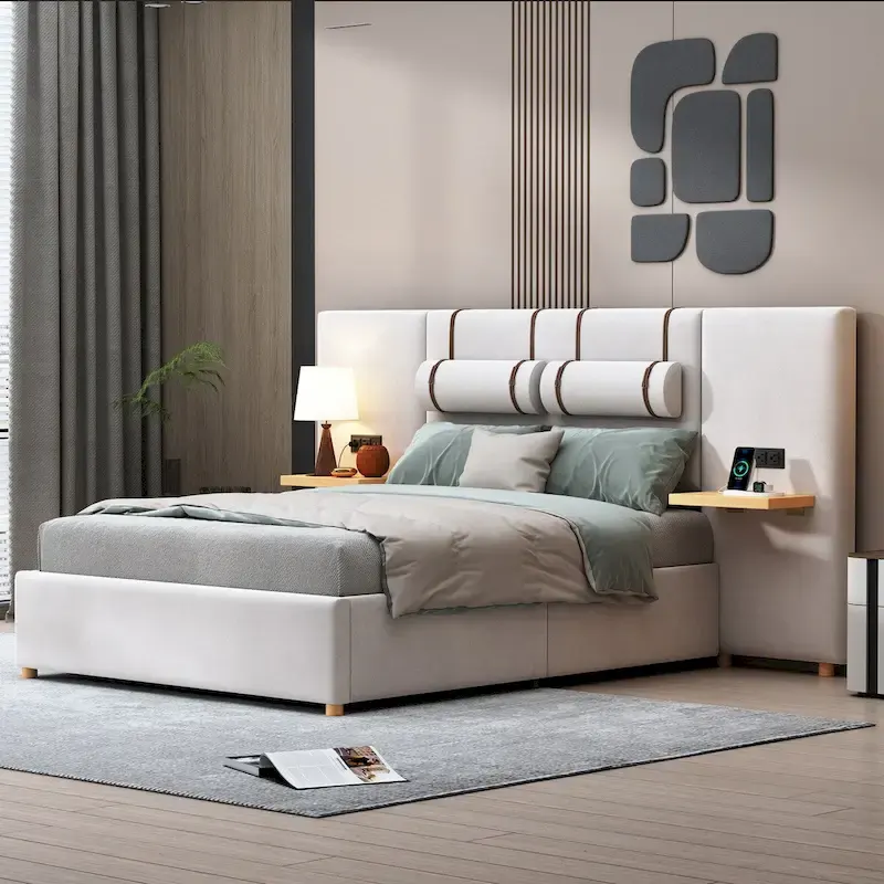 Full Size Velvet Upholstered Platform Bed,Two Outlets and USB Charging Ports on Both Sides,Two Bedside Pillows,Storage Shelves