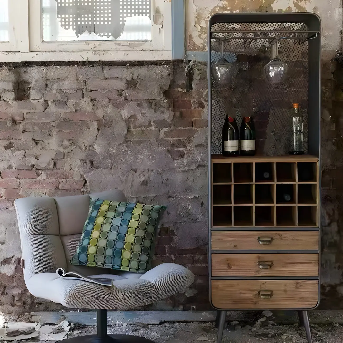 Industrial Brown Wood Wine Rack with Glass Holder and Drawers