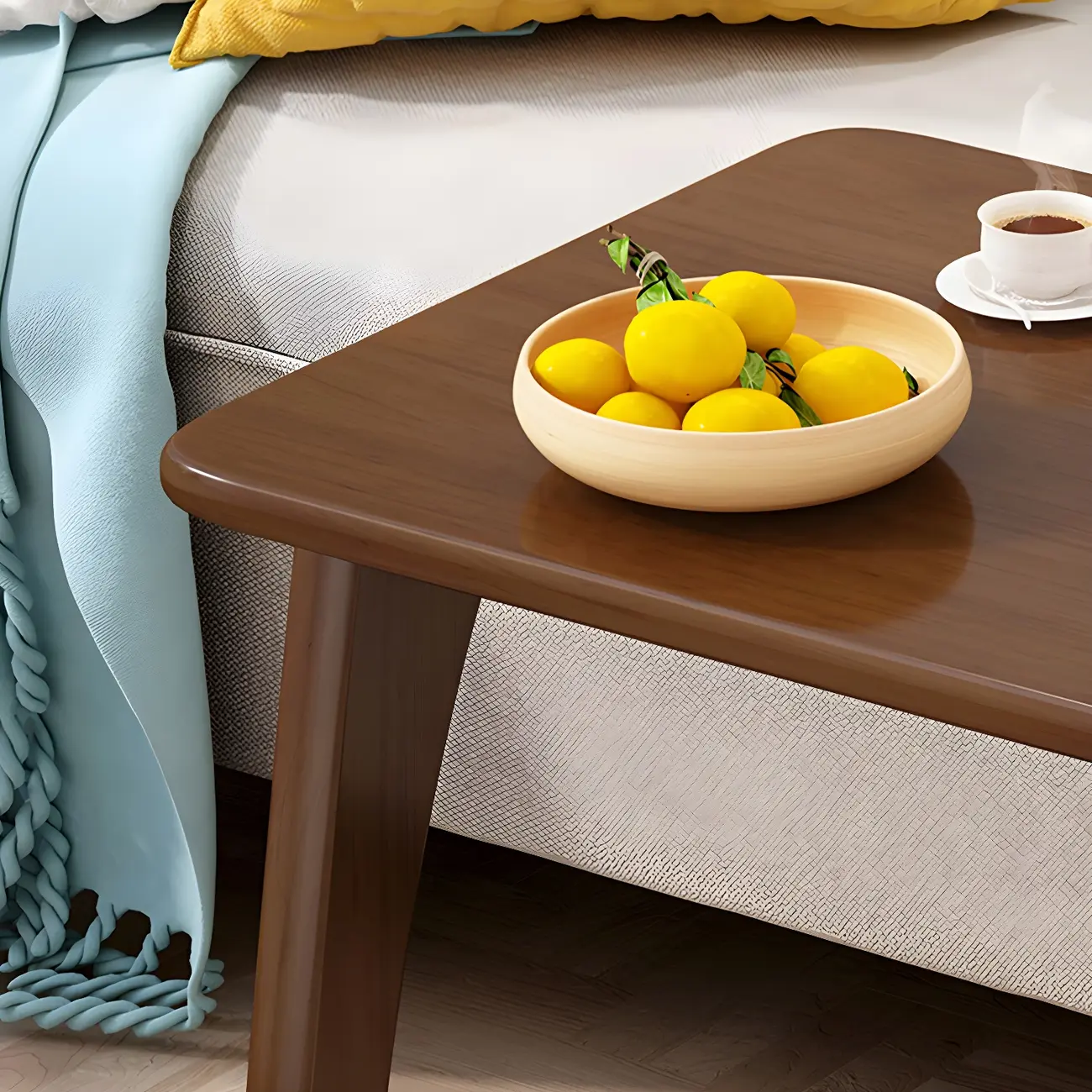 Walnut C-Shaped Side Table With Casters