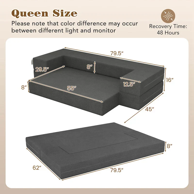 8-Inch Folding Sofa Bed with High-Density Foam & Washable Cover