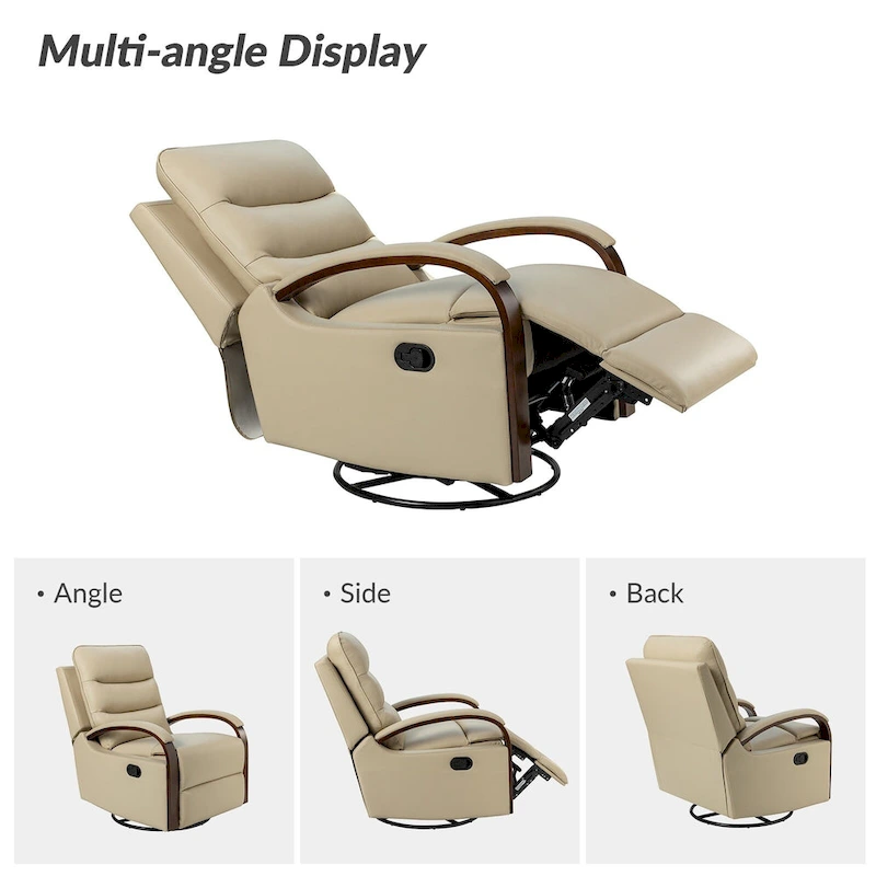 Leopold Modern Genuine Leather Swivel Rocking Manual Recliner Chair with Wooden Arm Accents by HULALA HOME