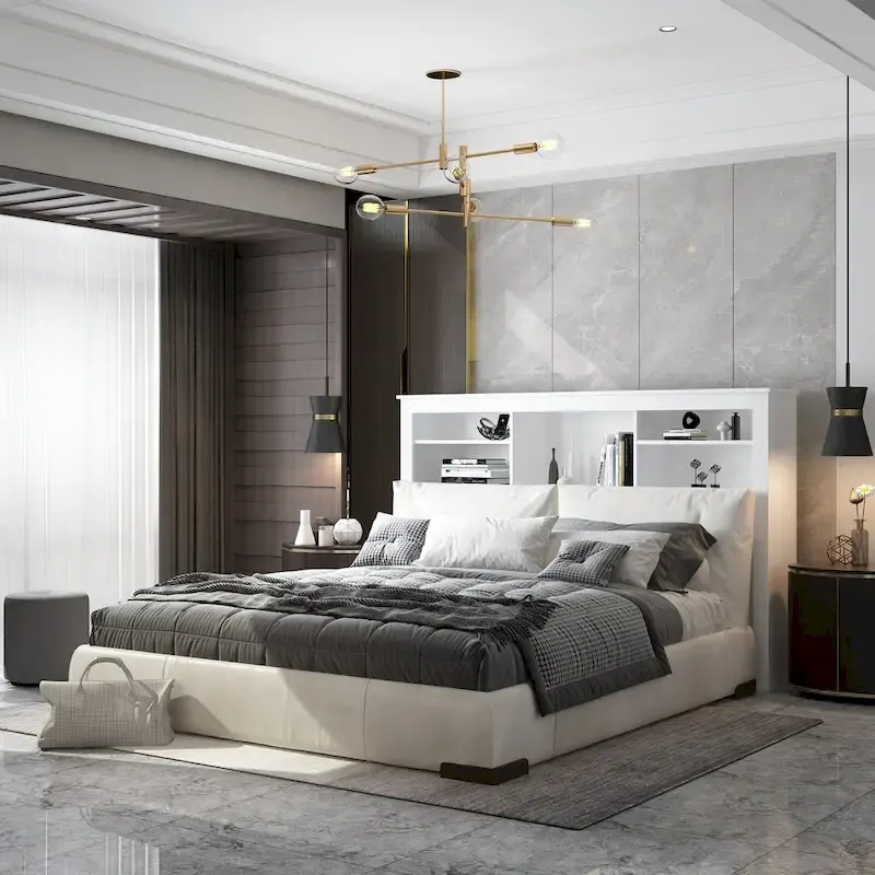 White Bookcase Headboard with RGB LED Lights and Adjustable Shelves – Queen, Single Bed