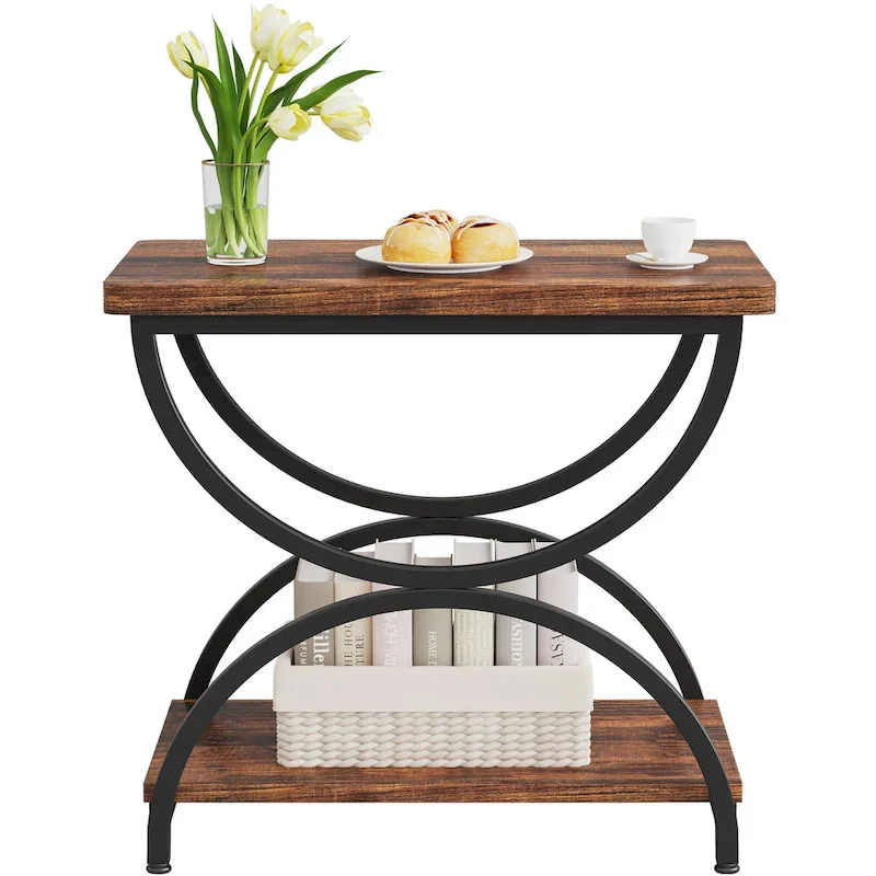 2-Tier RectangularWood Metal End Side Accent Table Nightstand