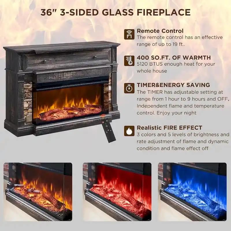 Farmhouse TV Stand With 3-Sided Glass Fireplace, Entertainment Center