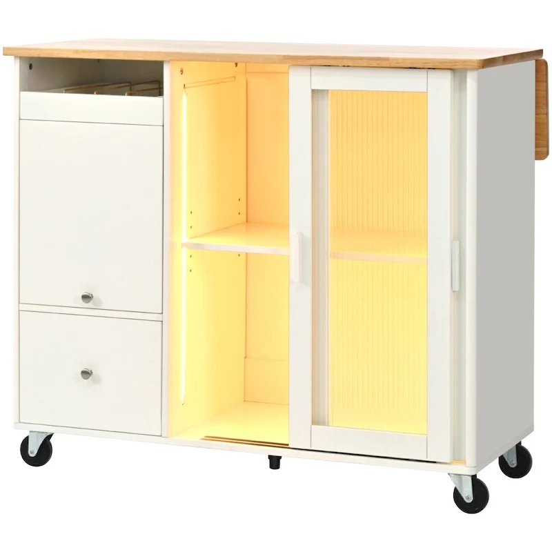 LED Light Kitchen Cart with Drop Leaf and Adjustable Shelf