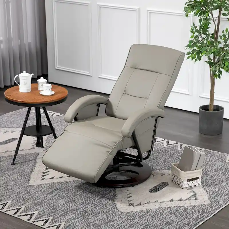 HOMCOM PU Recliner with Footrest, Lounge Chair with 135 Adjustable Backrest, Swivel Wood Base