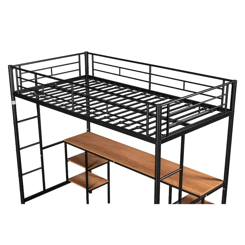 Twin Metal Loft Bed with Table, Shelves, Guardrails, and Ladders