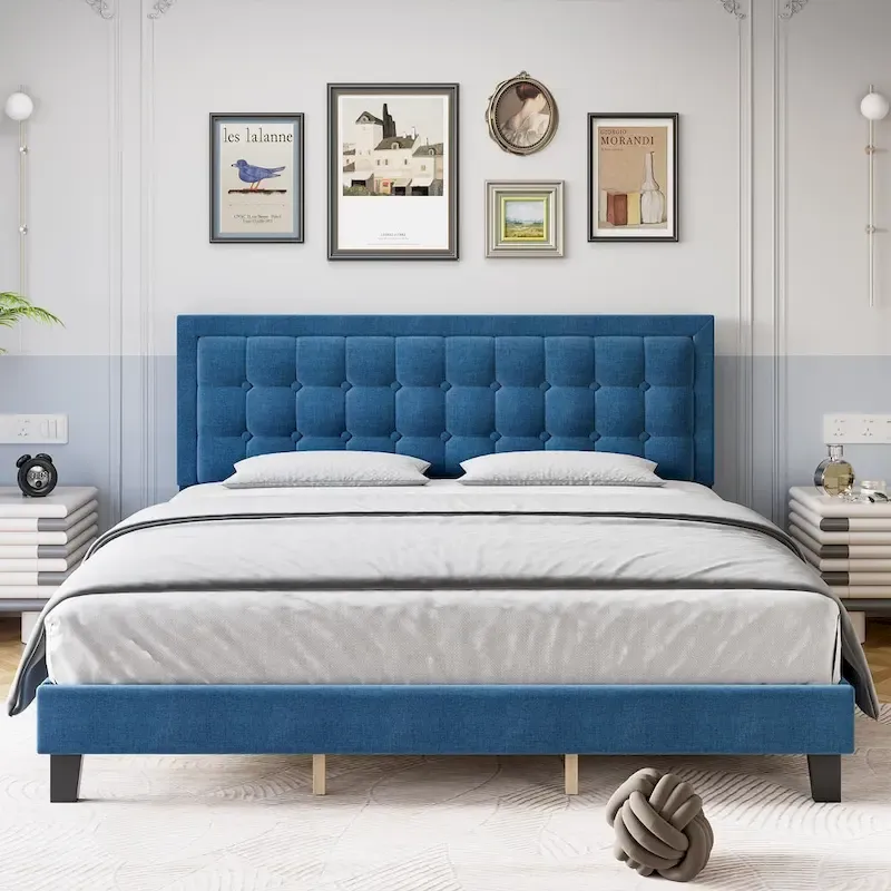 Modern Upholstered Platform Bed with Button Tufted Headboard