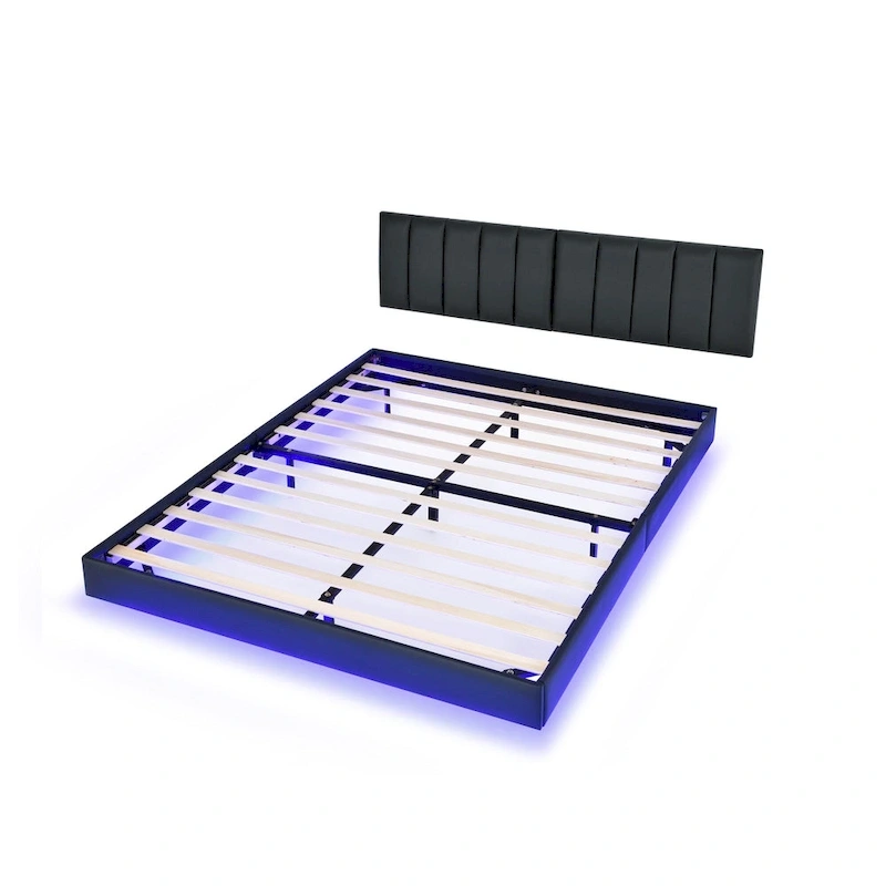 Floating Bed Frame With Led Lights And Wall Mounted Headboard