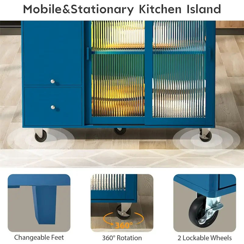 Kitchen Island with Drop Leaf,LED Light Kitchen Cart on Wheels
