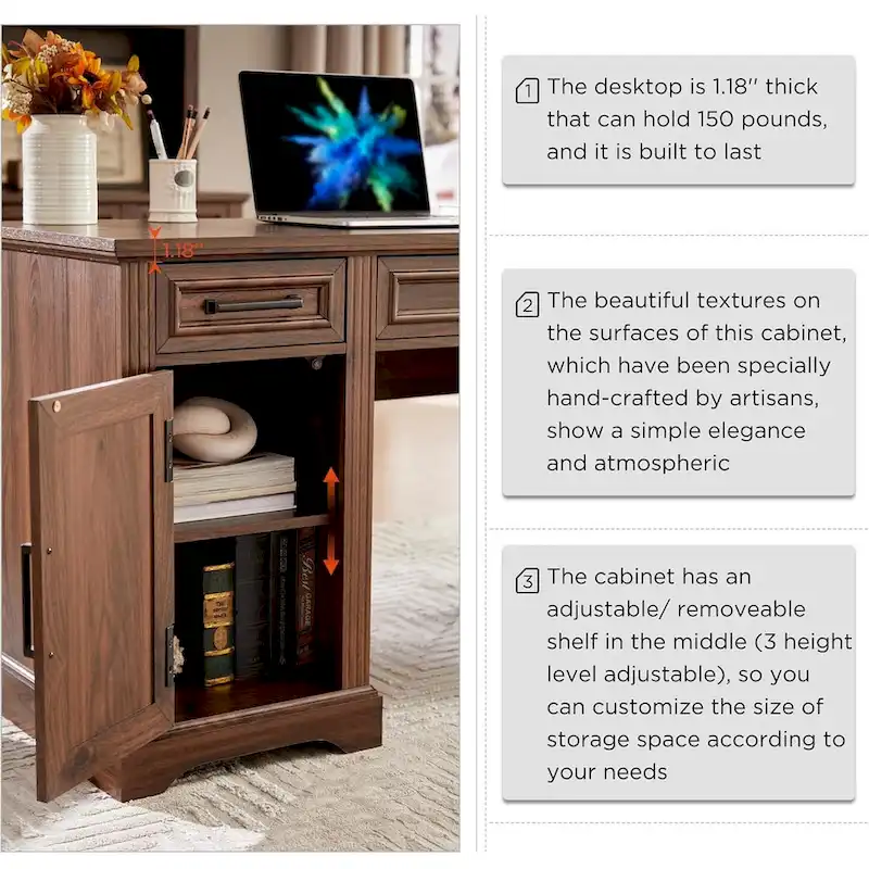 58  Large Computer Desk with Drawers, Embossed Texture Office Desk