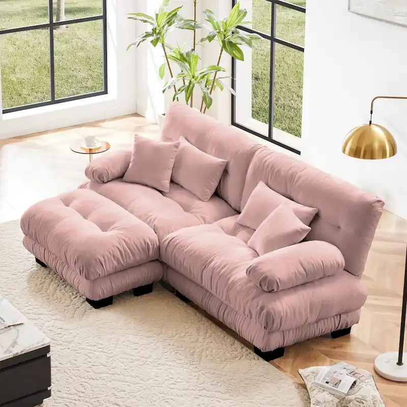 L Shaped Loveseat Sofa Chenille Sectional Couch with Lumbar Pillows