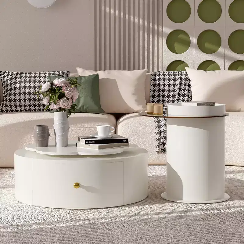 360 Rotatable Coffee Table Round Nesting Coffee Table with Flower Top & 2 Drawers, Accent Table Cocktail Table End Table Side Table-ModernLuxe