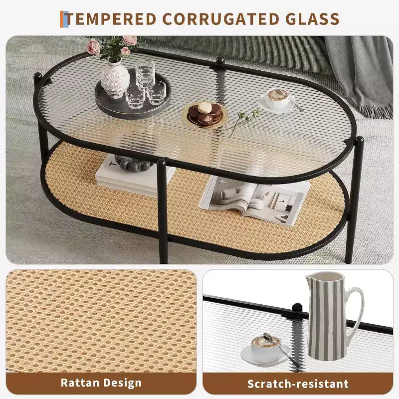 Acekool Oval Glass Coffee Table, Water-Wave Tempered Glass, Rattan Storage Shelf, Boho Farmhouse Metal Frame
