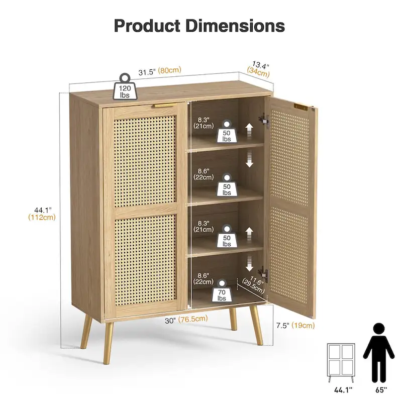 16 Pairs Rattan Shoe Storage Cabinet Freestanding Shoe Rack Organizer for Entryway