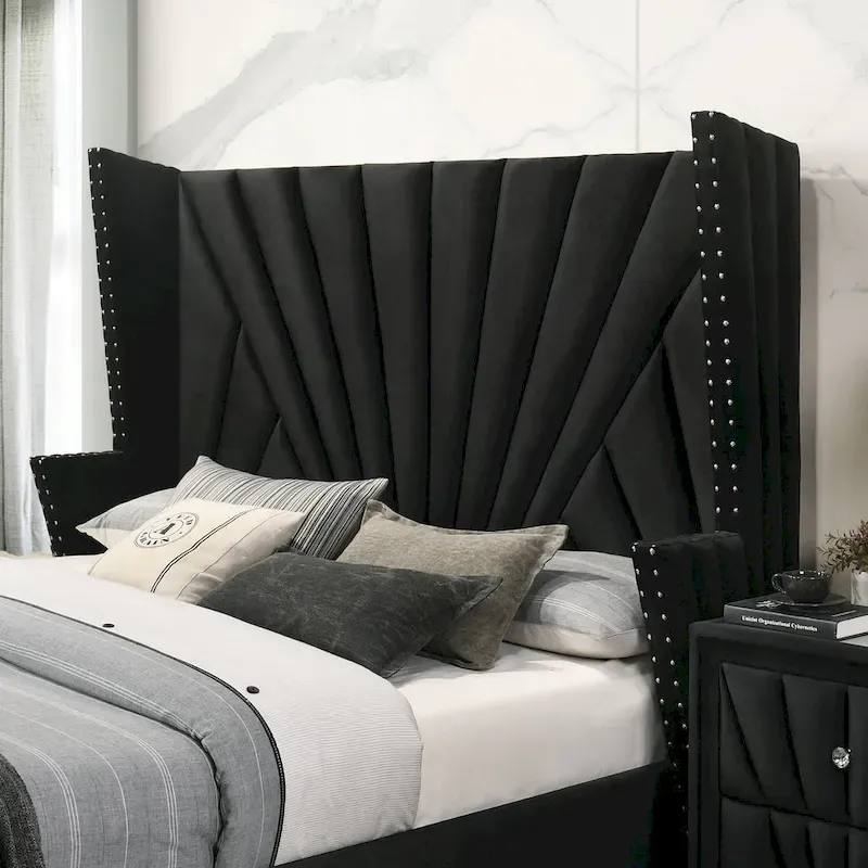 Ambrosia Glam Black Fabric Upholstered Nailhead 3-Piece Panel Bedroom Set by Furniture of America