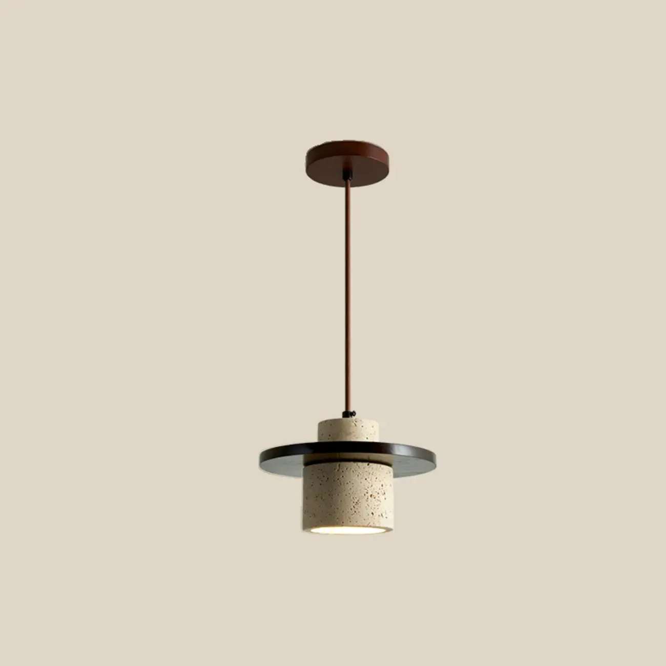 Modern Beige Stone Wood Disc Cylinder Pendant Light