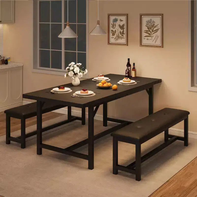 3 Pcs Dining Table Set for 4-6, 63 Extendable Kitchen Table and Bench Set Metal Frame Rectangle Kitchen Table Set, 2 Upholstered Benches, Retro Gray