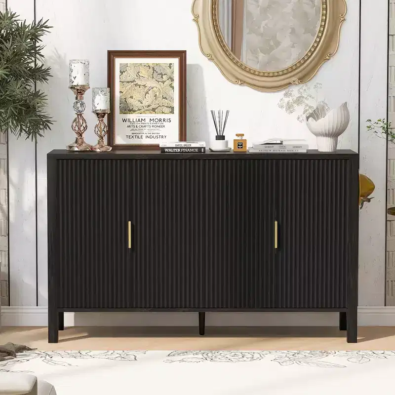 Modern Stripe 4-Door Storage Cabinet with Side Hooks — Black / Natural / White