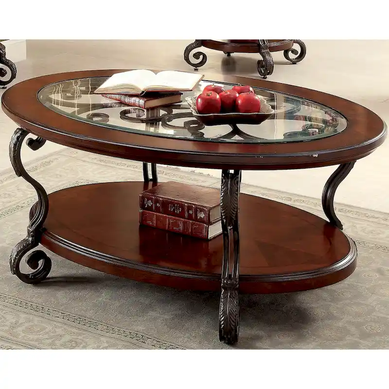 Cienna Traditional Brown Cherry 48-inch Glass Top 1-Shelf Coffee Table with Scrolled Metalwork
