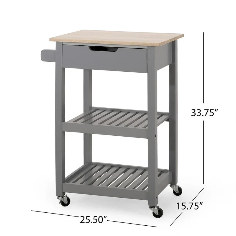 Compact Wooden Kitchen Cart with Wheels Shelves and Drawer