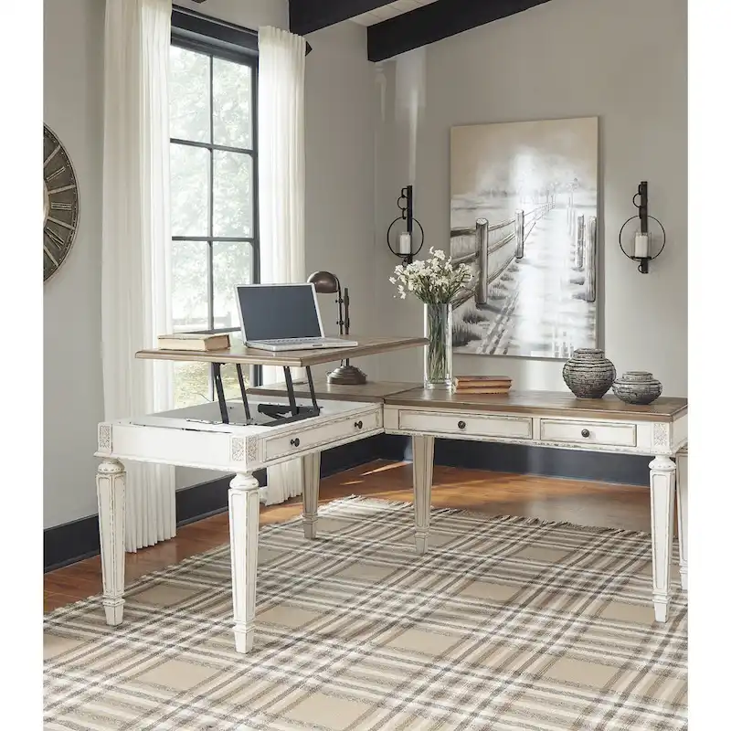 Realyn Antique White/Brown 2-Piece Home Office Lift Top Desk