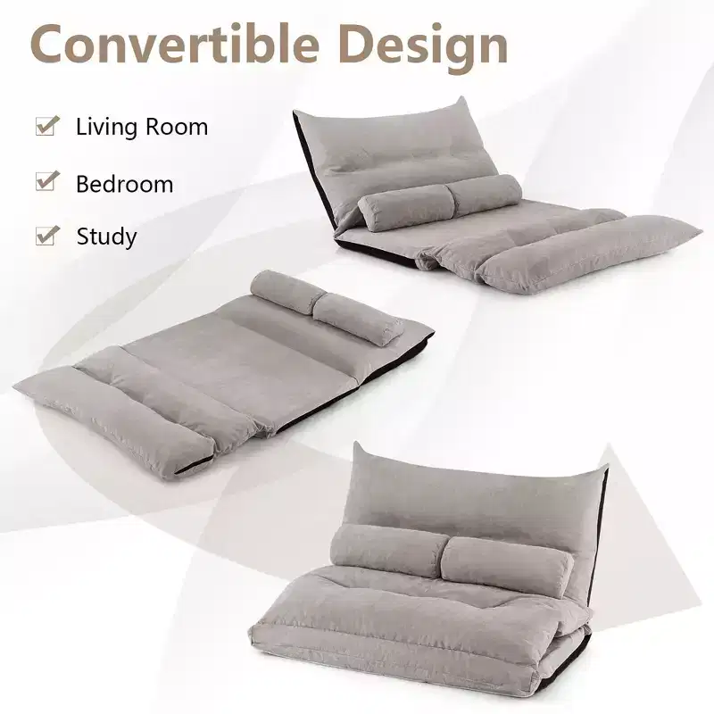 Convertible Lazy Sofa Bed with 42-Level Adjustable Backrest & 2 Lumbar Pillows Gray/Beige