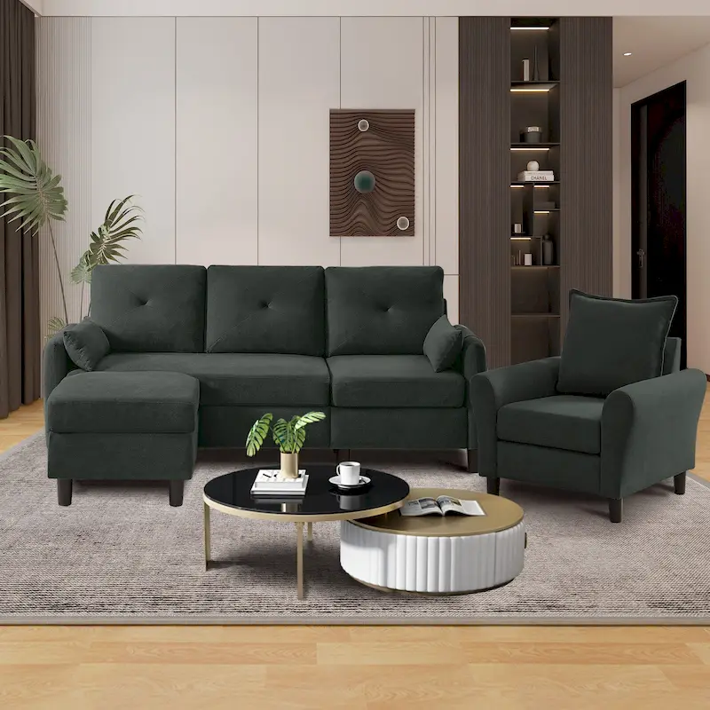 3-Pieces Sectional Sofa Set with Ottoman and Chair