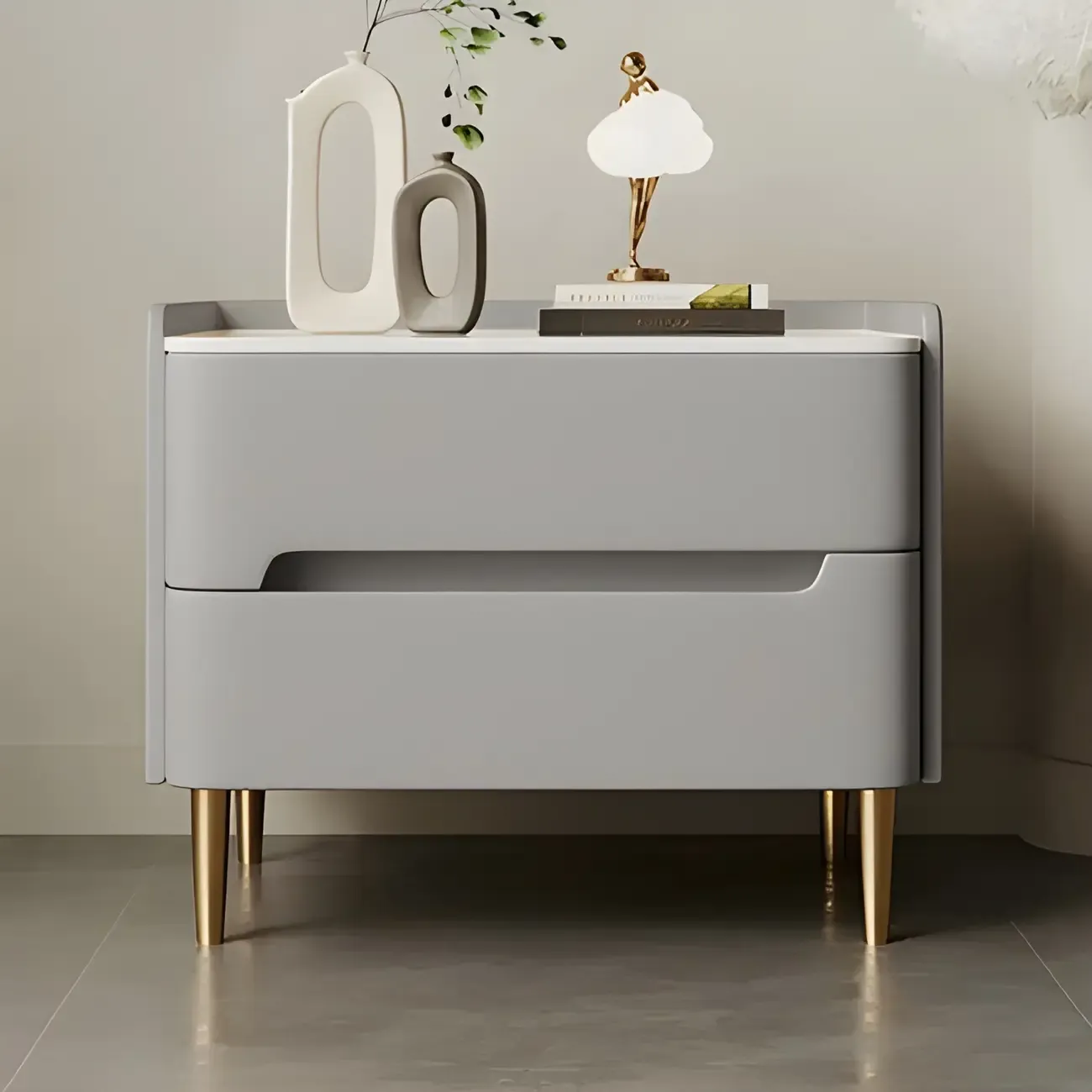 Elegant Green Wood Stone Top Gold Legs 2-Drawer Nightstand