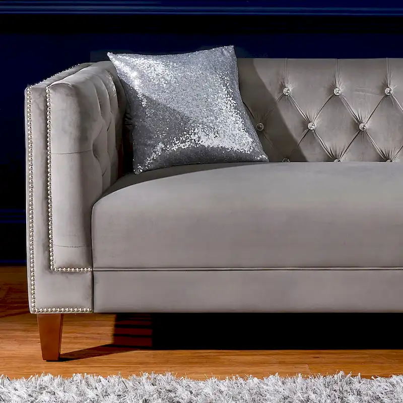 Grey Velvet Tufted Sofa and Loveseat with Nailhead Trim