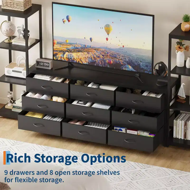 Black / White Industrial TV Stand — 9 Fabric Drawers & Open Shelves, Fits TVs up to 75