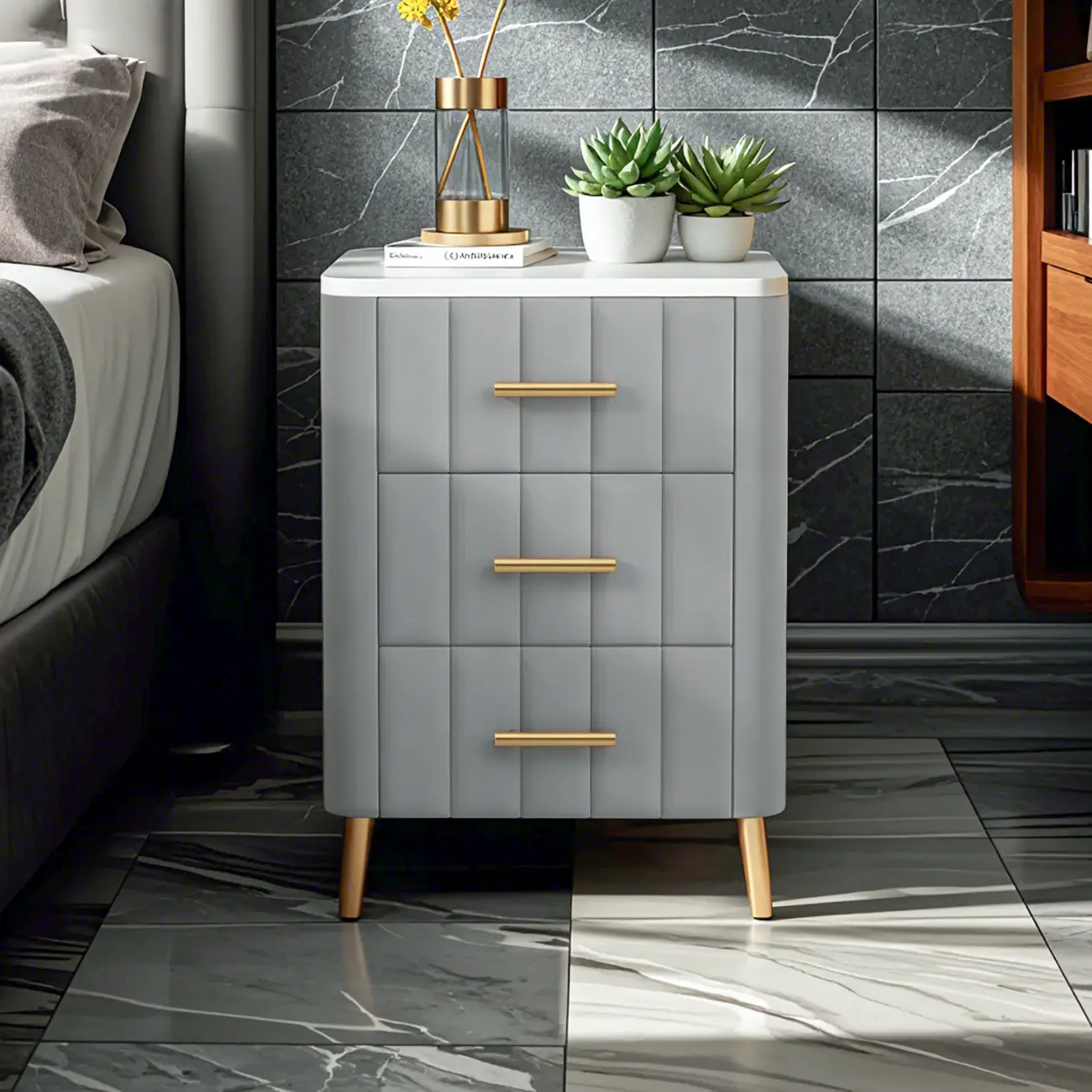 Glam Pink Leather Bedside Table with Marble Top 3 Drawers