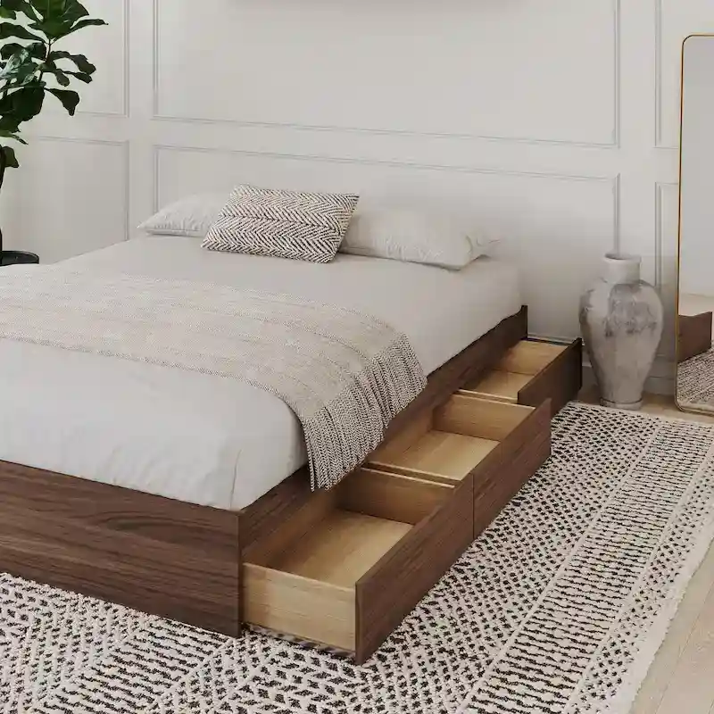 Nexera Bed Frame with 3-Drawer Storage, Reversible, Brown