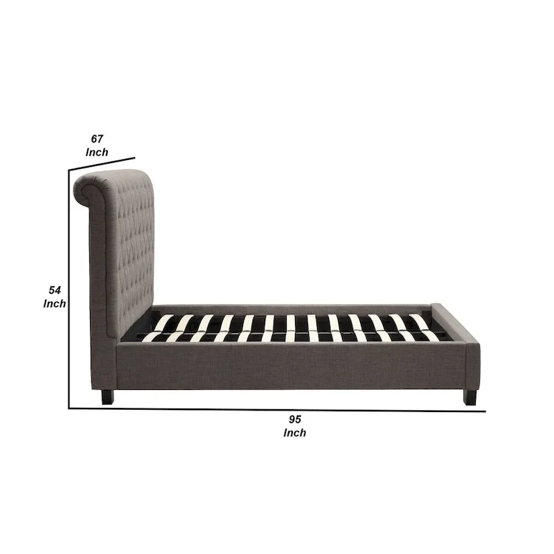 Rue Low Profile Queen Bed, Button Tufted Uphosltered Rolled Back, Gray