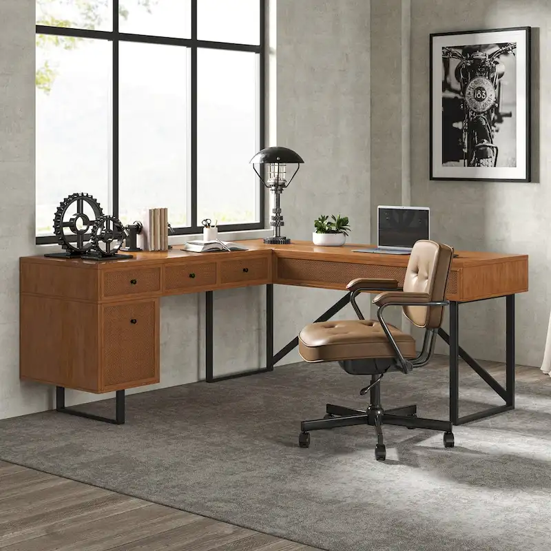 Alfons Industrial L-shaped Lift Top Cane Executive Office Desk with Drawers and Built-In Outlets