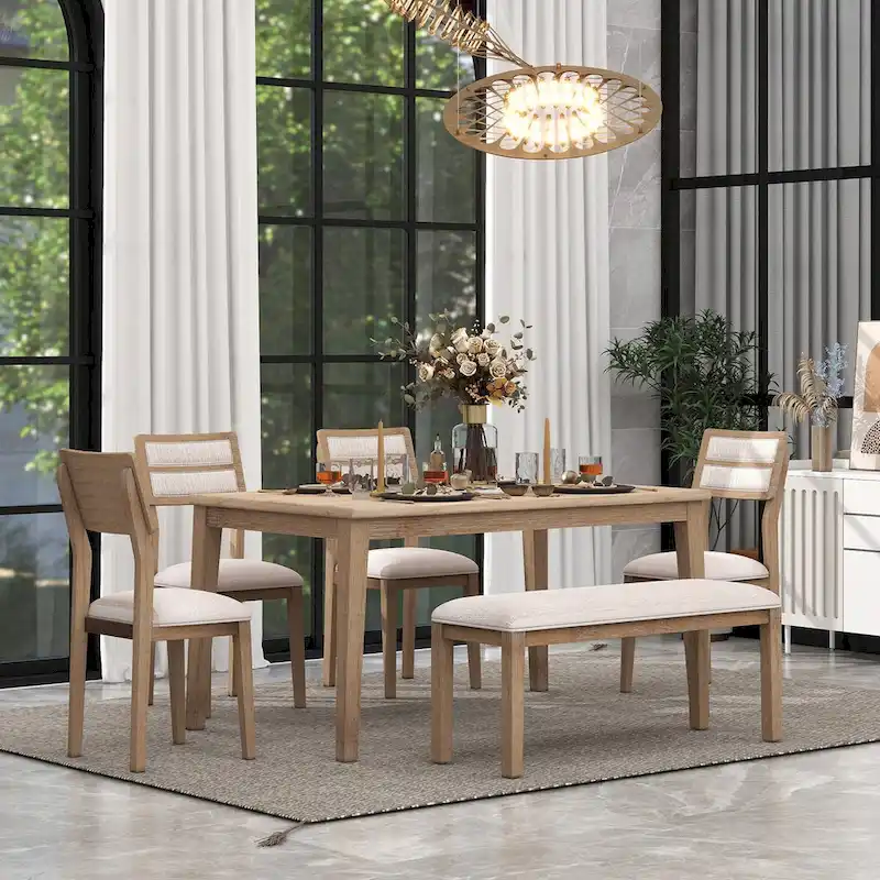 Natural Wood Wash Solid Wood 6-Piece Dining Table Set with Bench
