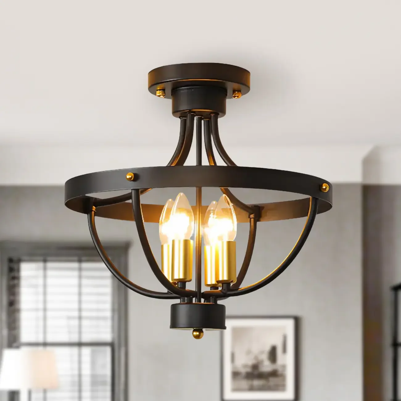 Industrial Cage-Shaped Semi-Flush Ceiling Light for Bedroom