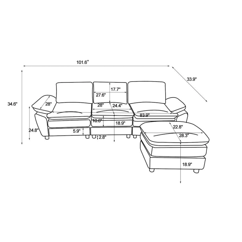 Modern Deep 3-Seat Sofa Couch