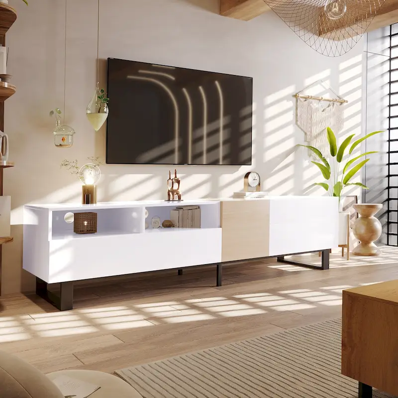 White+Natural 70.9 TV Stand with Storage and Drop Down Door for TVs Up to 80