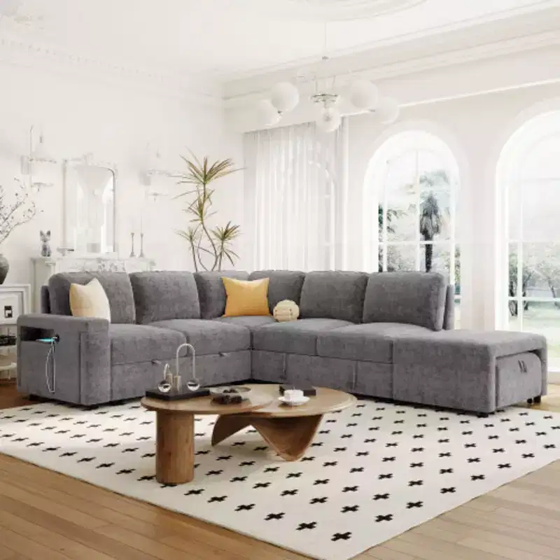 L-Shaped Modular Sofa with Storage, USB Charging, & Cup Holders for Living Rooms & Offices